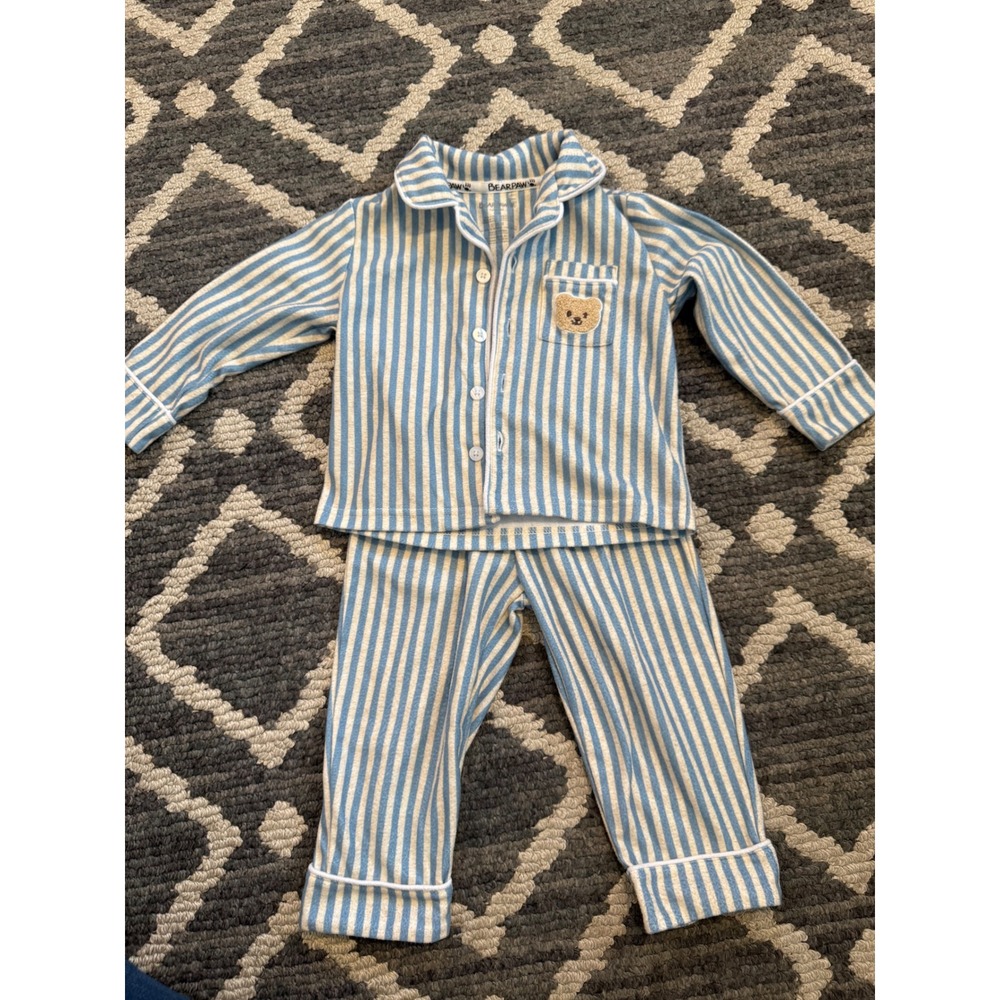 Bearpaw Baby Boys Blue White Striped Fleece Pajama Set 12M Teddy Bear Patch